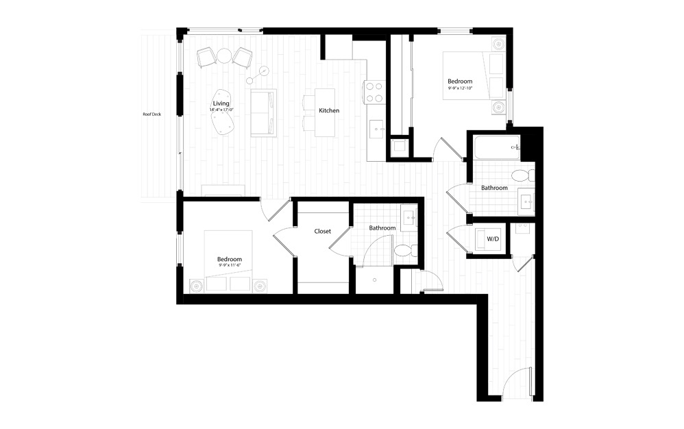 B10 - 2 bedroom floorplan layout with 2 baths and 1104 square feet.