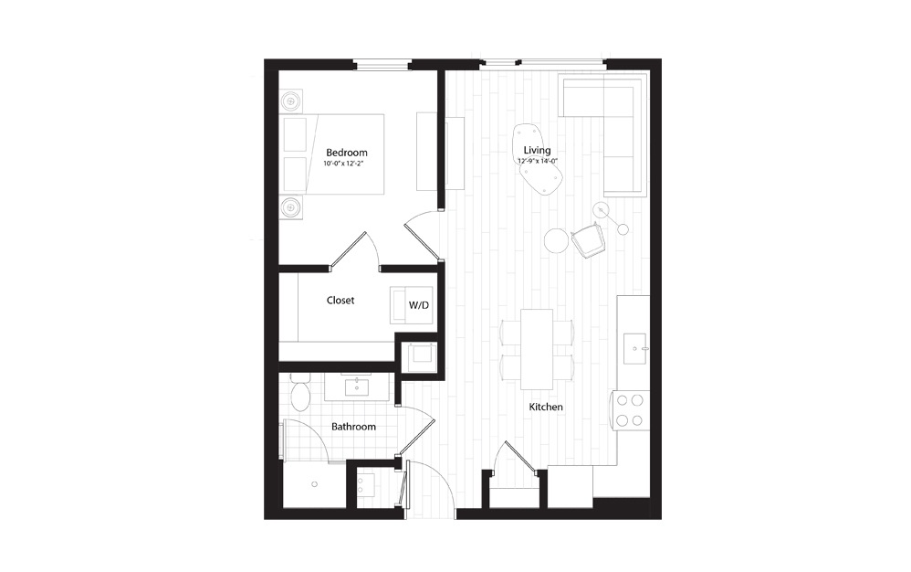 A1 - 1 bedroom floorplan layout with 1 bath and 684 square feet.