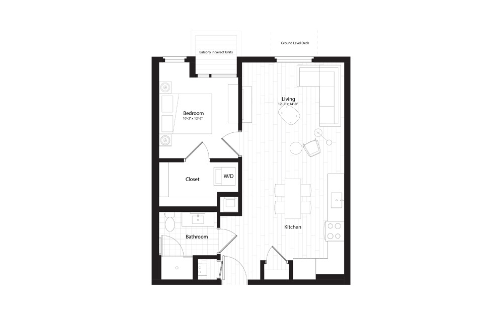 A1.1 - 1 bedroom floorplan layout with 1 bath and 674 square feet.