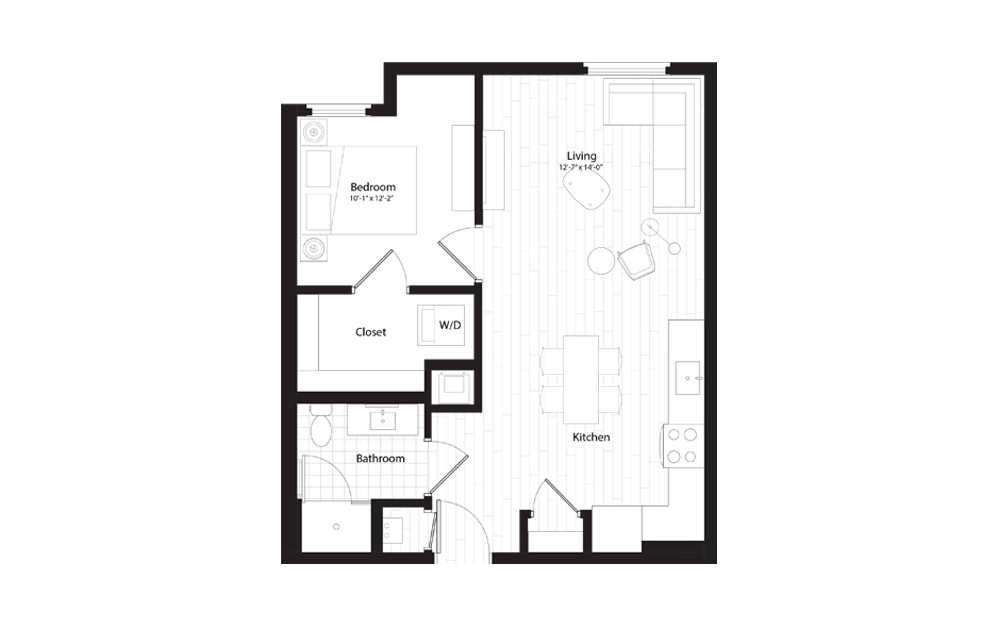 A1.3 - 1 bedroom floorplan layout with 1 bath and 670 square feet.