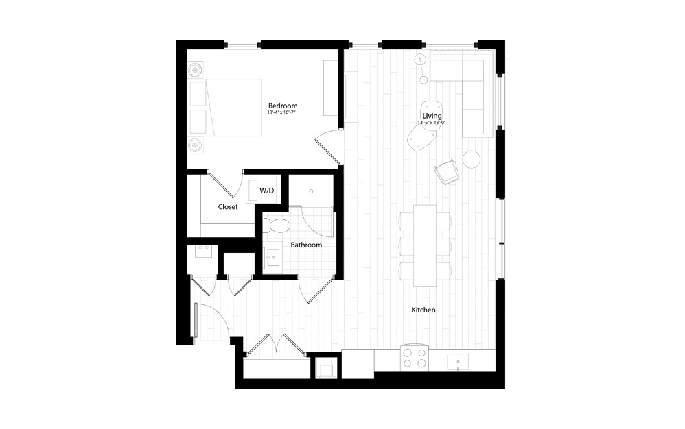 A10 - 1 bedroom floorplan layout with 1 bath and 834 square feet.