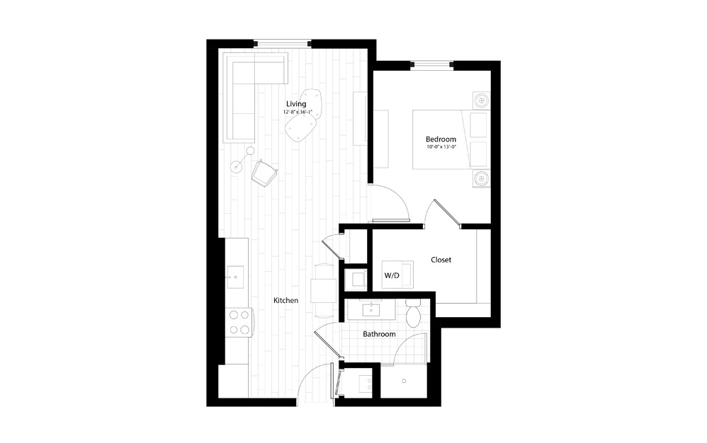 A11 - 1 bedroom floorplan layout with 1 bath and 689 square feet.