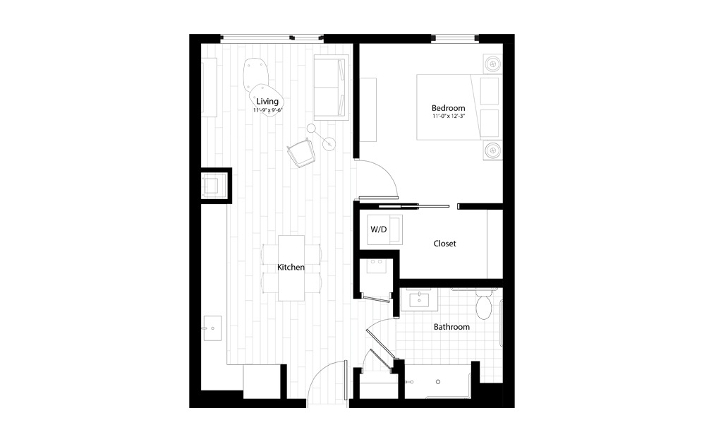 A12G2 - 1 bedroom floorplan layout with 1 bath and 684 square feet.