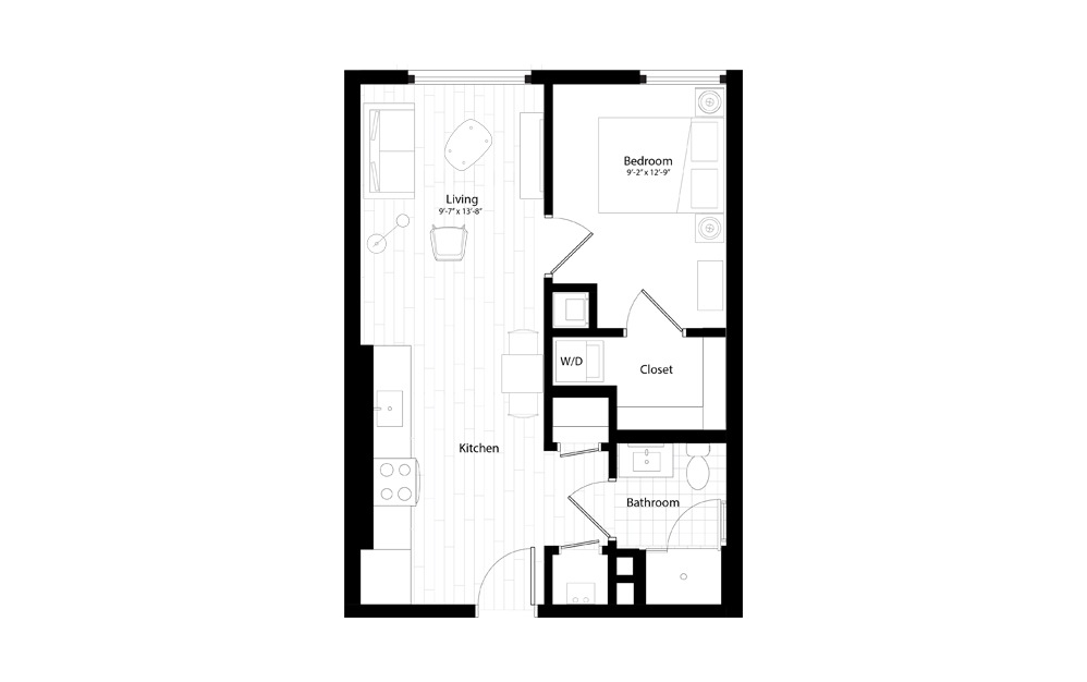 A2 - 1 bedroom floorplan layout with 1 bath and 570 square feet.