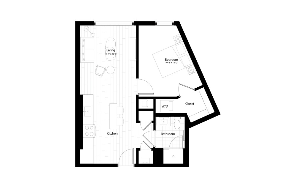 A4 - 1 bedroom floorplan layout with 1 bath and 658 square feet.