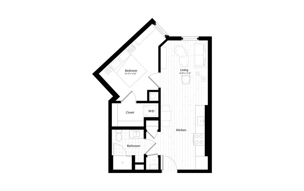 A6 - 1 bedroom floorplan layout with 1 bath and 606 square feet.