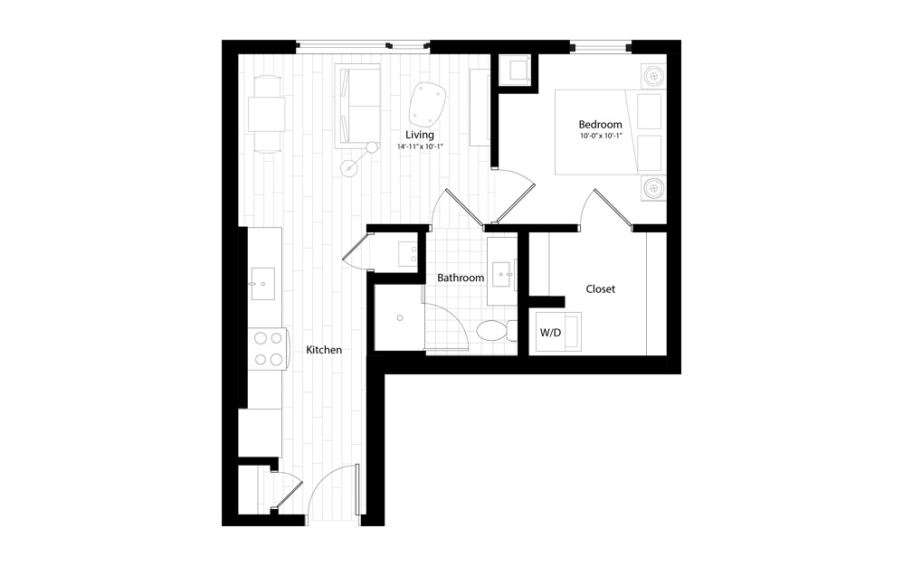A7 - 1 bedroom floorplan layout with 1 bath and 578 square feet.