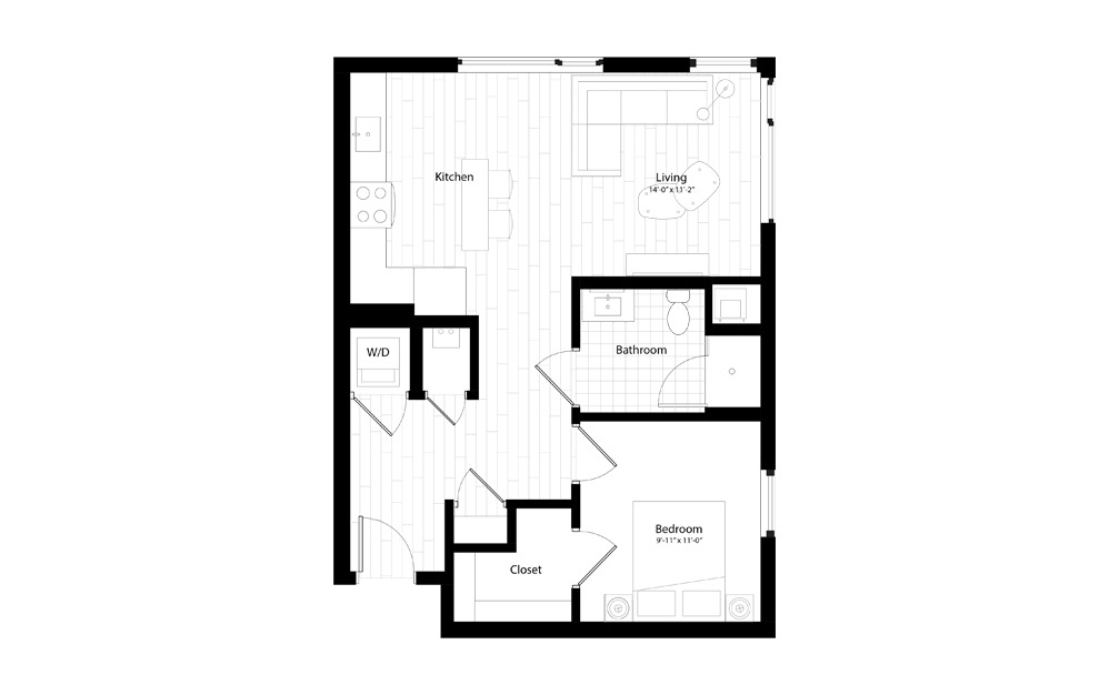 A8 - 1 bedroom floorplan layout with 1 bath and 714 square feet.