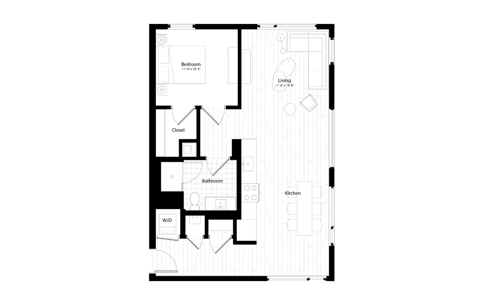 A9 - 1 bedroom floorplan layout with 1 bath and 828 square feet.