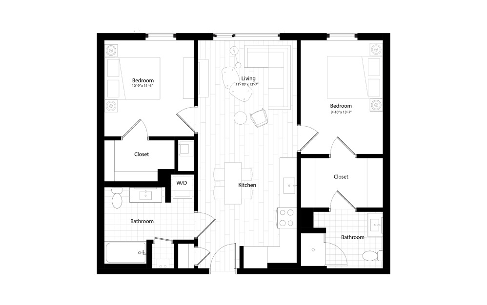 B1 - 2 bedroom floorplan layout with 2 baths and 969 square feet.