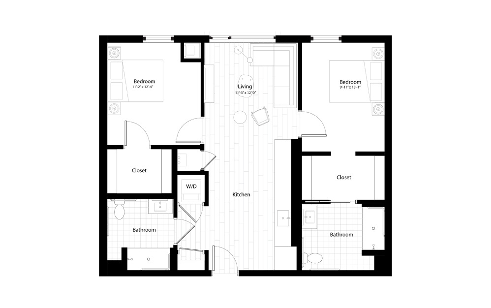 B12G2 - 2 bedroom floorplan layout with 2 baths and 969 square feet.