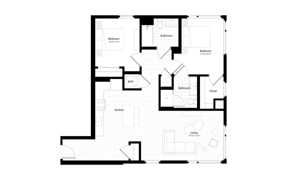 B3 - 2 bedroom floorplan layout with 2 baths and 1094 square feet.