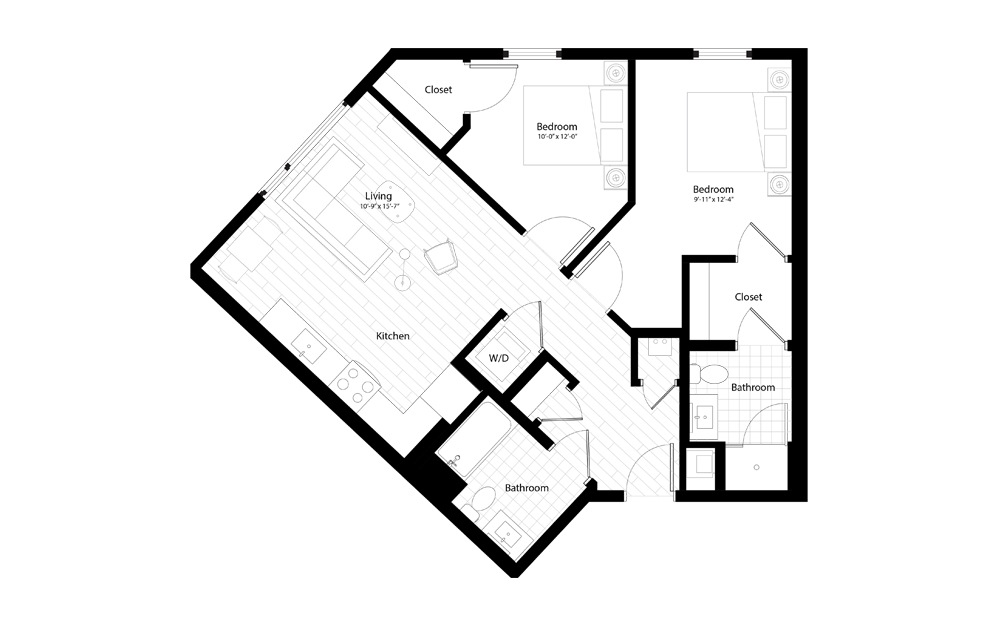 B5 - 2 bedroom floorplan layout with 2 baths and 914 square feet.