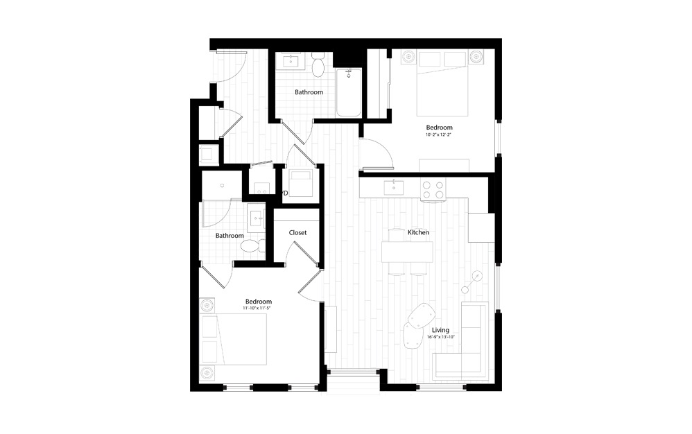 B6 - 2 bedroom floorplan layout with 2 baths and 1000 square feet.