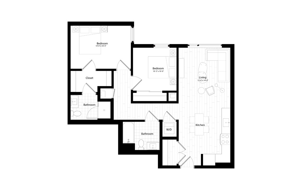 B7 - 2 bedroom floorplan layout with 2 baths and 995 square feet.