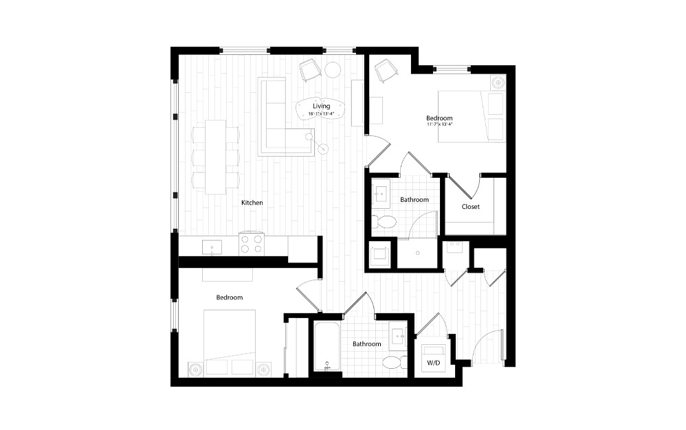 B8 - 2 bedroom floorplan layout with 2 baths and 1046 square feet.