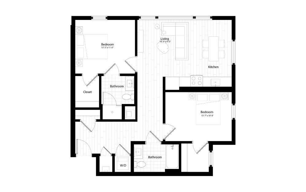B9 - 2 bedroom floorplan layout with 2 baths and 1007 square feet.