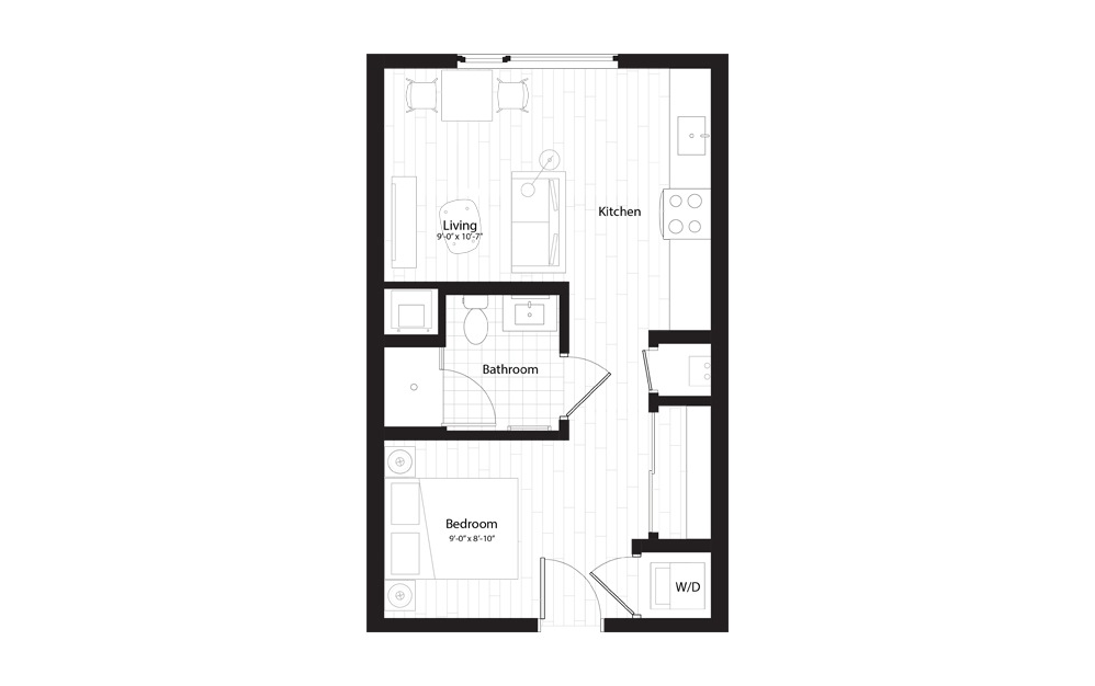 S1 - Studio floorplan layout with 1 bath and 485 square feet.